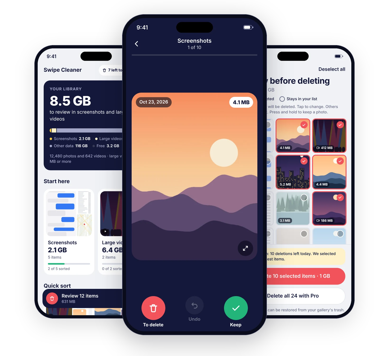Swipe Cleaner on three phones: the space taken by screenshots and large videos, a photo to swipe, and the review list before deleting.