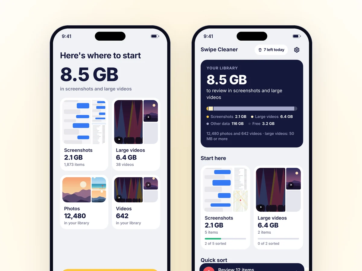 Scan result with the space taken by screenshots and large videos, and the home screen with the library overview.
