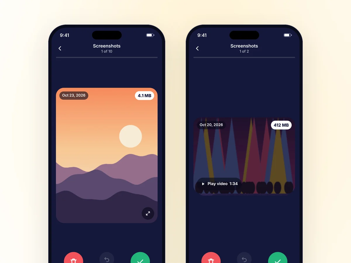 Two swipe screens, a photo and a video, each with To delete, Undo and Keep buttons.