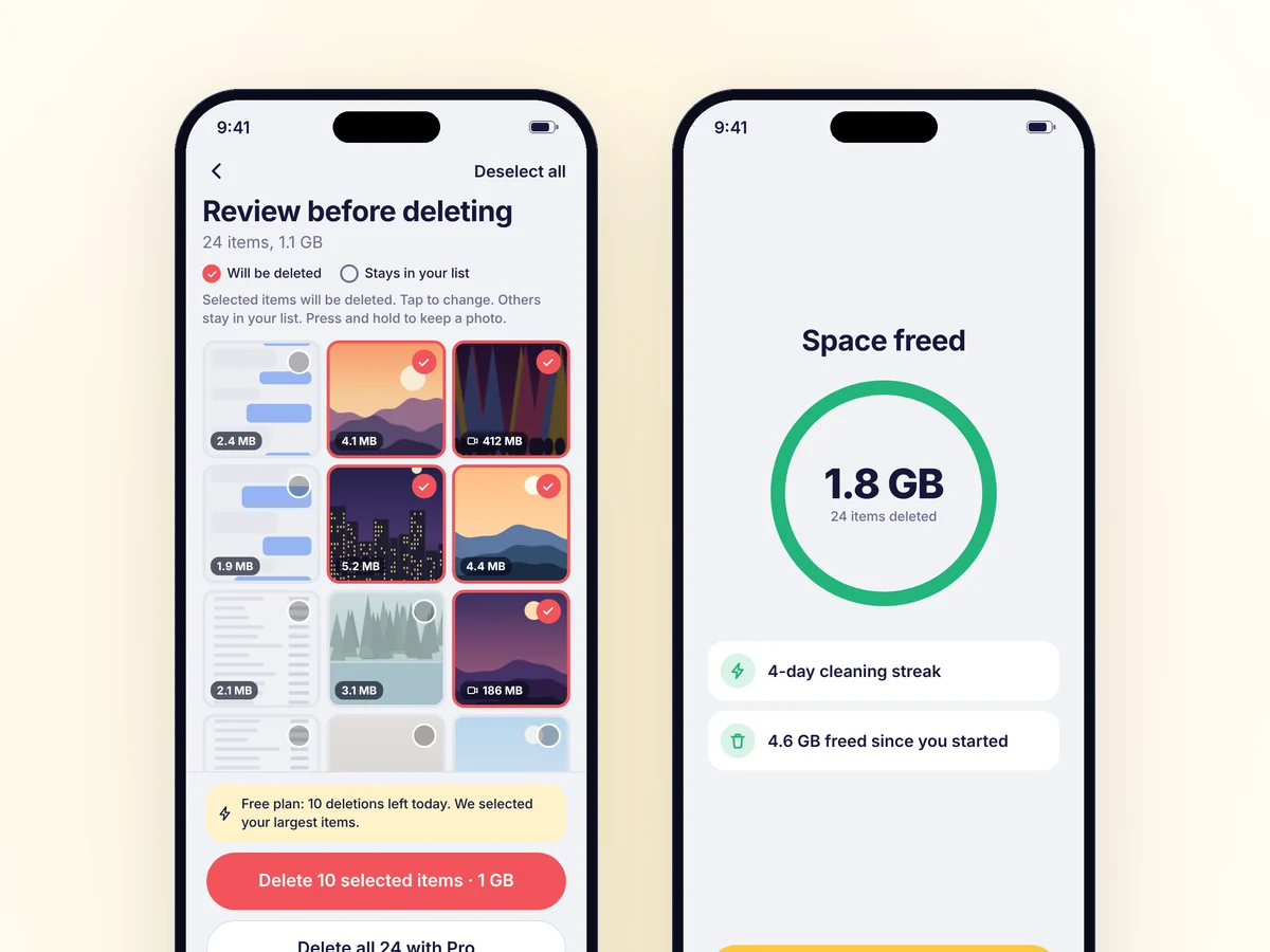 Review screen with the selected items to delete, and the success screen with the space freed.